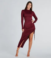 In The Lineup Mock Neck High Slit Midi Dress