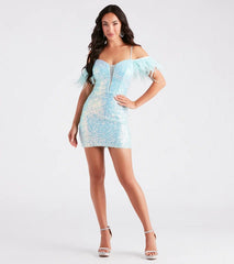 Shelly Sequin Feather Off-The-Shoulder Dress